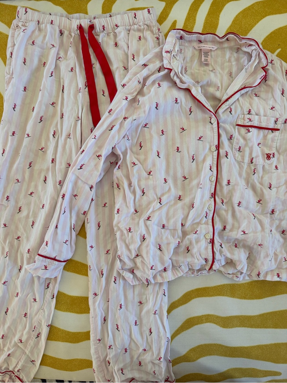 Victoria's Secret Pink Striped Cotton Pajama Set w/ mini skiers- size S